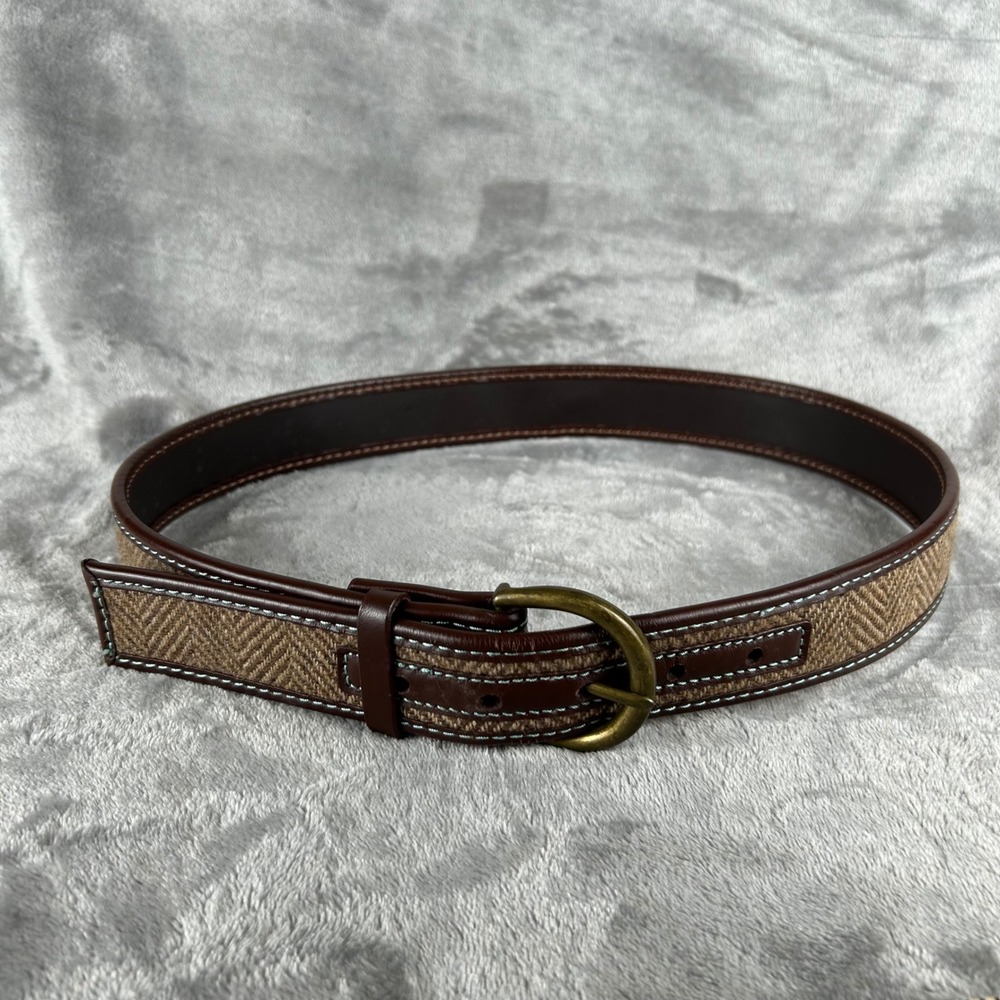 Brown Herringbone Tweed Leather Belt Brass Buckleโ Blue Stitching 38 Inch